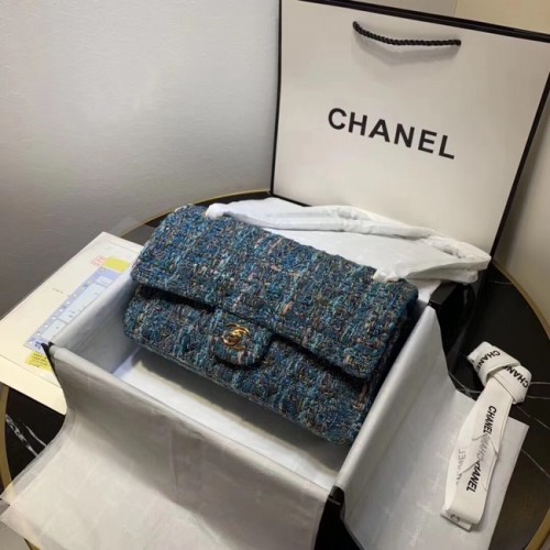 CHANEL Tweed Piel de becerro -Tono dorado-Metal dorado 1112 azul