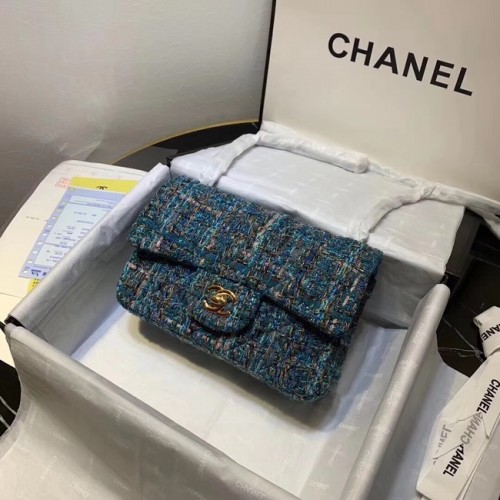 CHANEL Tweed Piel de becerro -Tono dorado-Metal dorado 1116 azul