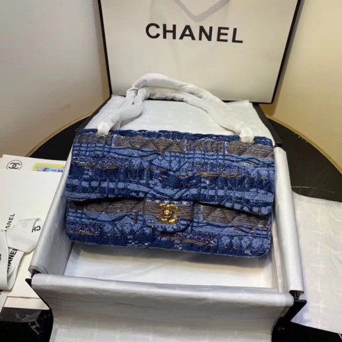 CHANEL Tweed Piel de becerro -Tono dorado-Metal dorado AS1112 azul