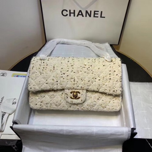 CHANEL Tweed Piel de becerro -Tono dorado-Metal dorado AS1112 blanco
