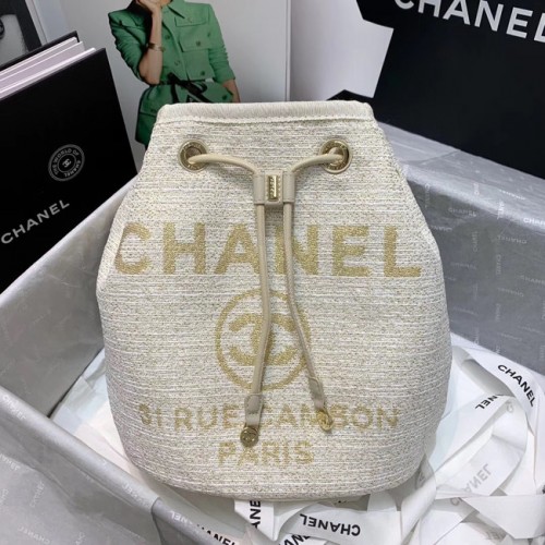 CHANEL Bolso con cordón de piel de becerro de tweed Metal dorado 60588 blanco