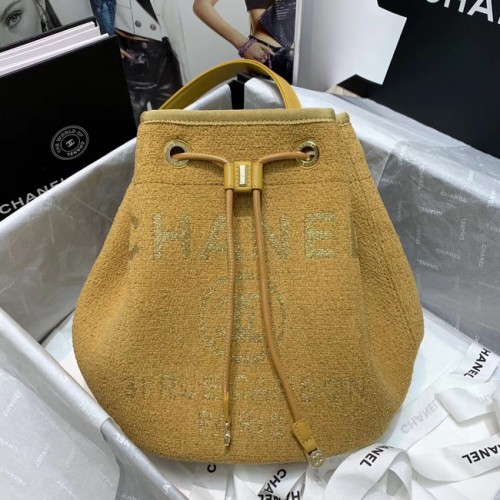 CHANEL Bolso con cordón de piel de becerro de tweed Metal dorado 60588 amarillo