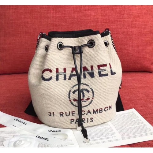CHANEL Bolso con cordón de tweed de piel de becerro Metal dorado AS0455 Crema