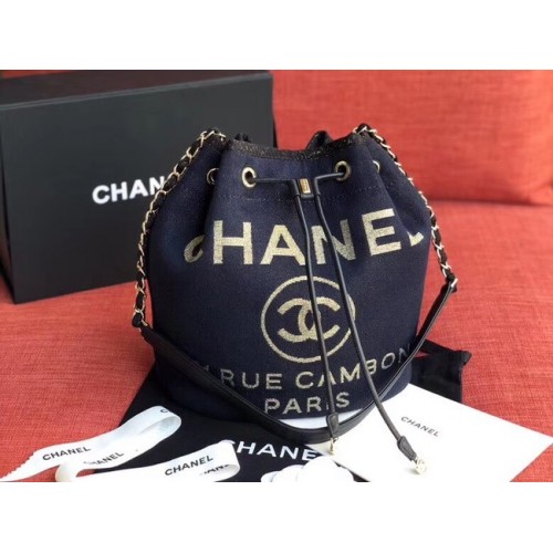 CHANEL Bolso con cordón de tweed de piel de becerro Metal dorado AS0455 Azul marino