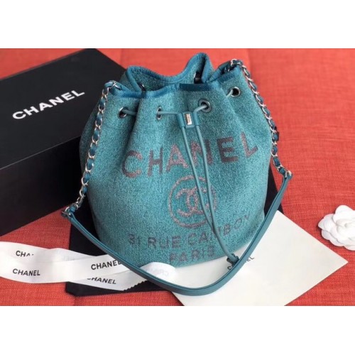 CHANEL Bolso con cordón de piel de becerro de tweed Metal dorado AS0455 azul
