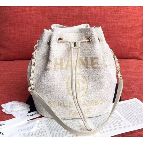 CHANEL Bolso con cordón de tweed de piel de becerro metal dorado AS0455 blanco