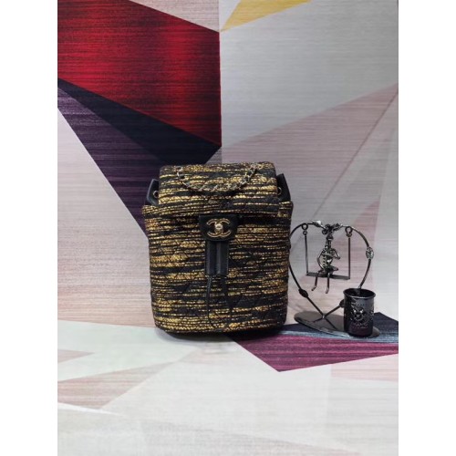 CHANEL Mochila pequeña de tweed metal dorado 69964 negro