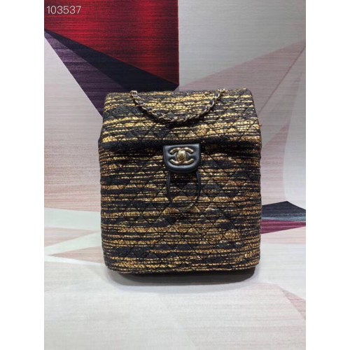 CHANEL Mochila pequeña de tweed metal dorado 69965 negro