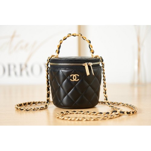 CHANEL TOCADOR CON CADENA Piel de cordero metal dorado AS2873 negro