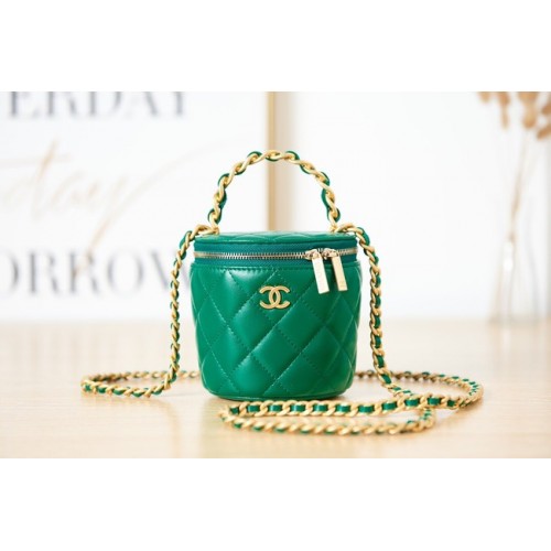 CHANEL TOCADOR CON CADENA Piel de cordero Metal dorado AS2873 verde
