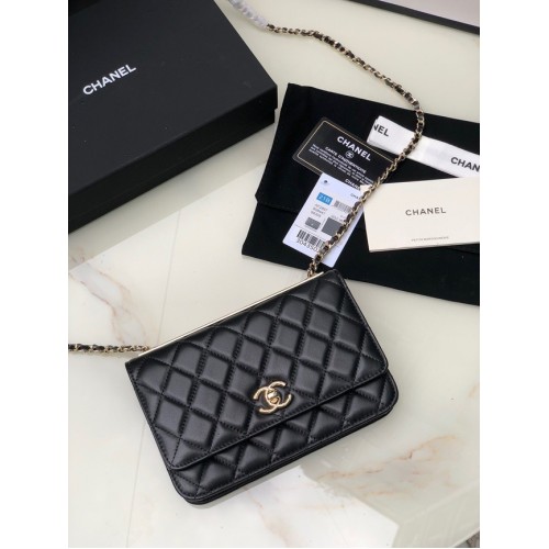 CARTERA CON CADENA CHANEL Piel de cordero Metal dorado claro 80892 negro