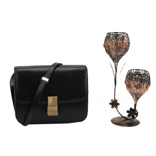 Celine Classic Box Bolso pequeño con solapa Cuero liso 11042 Negro