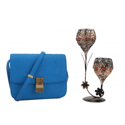 Celine Classic Box Bolso pequeño con solapa de cuero liso 11042 Azul