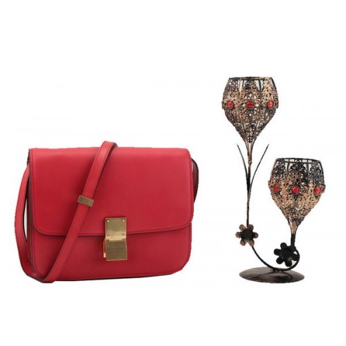 Celine Classic Box Bolso pequeño con solapa Cuero liso 11042 Rojo oscuro