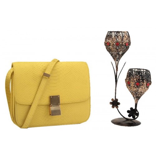 Bolso pequeño con solapa Celine Classic Box Cuero liso 11042 Limón