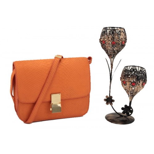 Celine Classic Box Bolso pequeño con solapa Cuero liso 11042 Naranja