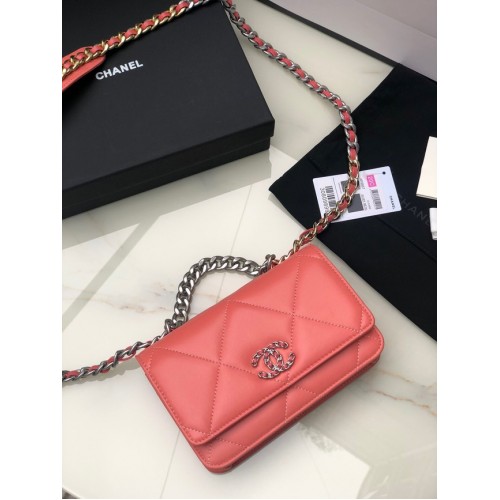 Chanel 19 Cartera clásica de cuero de piel de oveja con cadena AP0957 pinksilver-Tone Metal