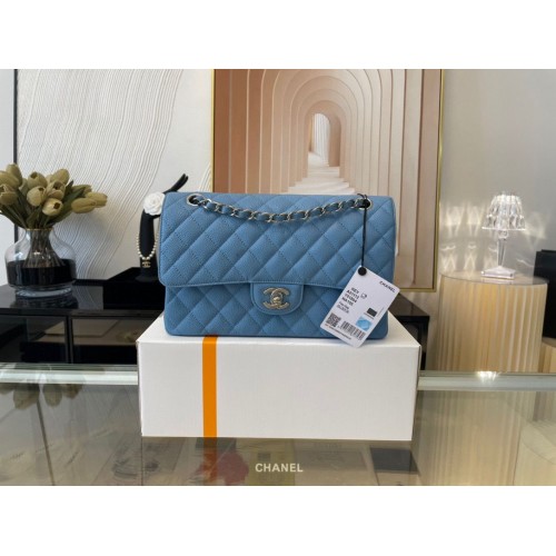 Chanel 2.55 Bolso con solapa de cuero original 1112 Azul claro con herrajes plateados