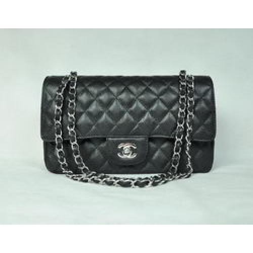 Chanel 2.55 Bolso con solapa acolchada 1112 Negro con herrajes plateados