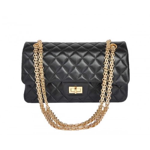comprar barato Chanel 2.55 Serie 1122 Classic Black Sheepskin Flap Bag Gold Hardware