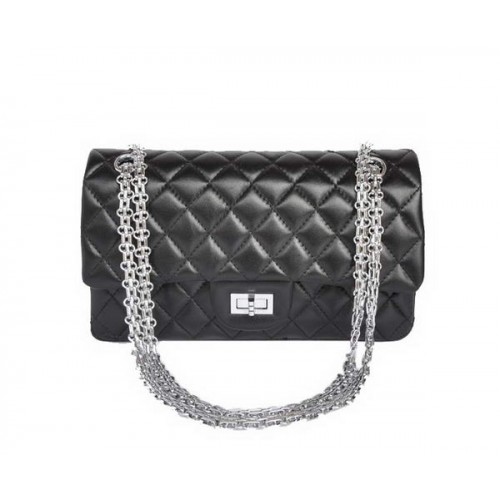 comprar barato Chanel 2.55 Serie 1122 Classic Black Sheepskin Flap Bag Silver Hardware