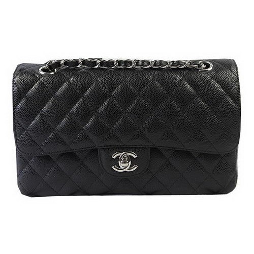 Chanel 2.55 Series Bolsos Negro Cannage Patrón Cuero CFA1112 Plata