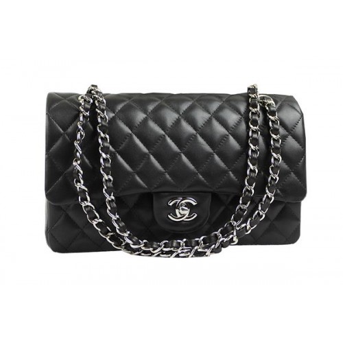 Chanel 2.55 Series Classic Flap Bag 1112 Negro Original Piel de oveja Plata