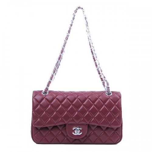 Chanel 2.55 Series Classic Flap Bag 1112 Borgoña Piel de oveja Plata