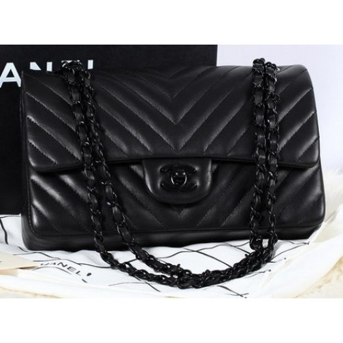 Chanel 2.55 Series Bolso con solapa Piel de oveja Chevron Quilting A1112 Negro