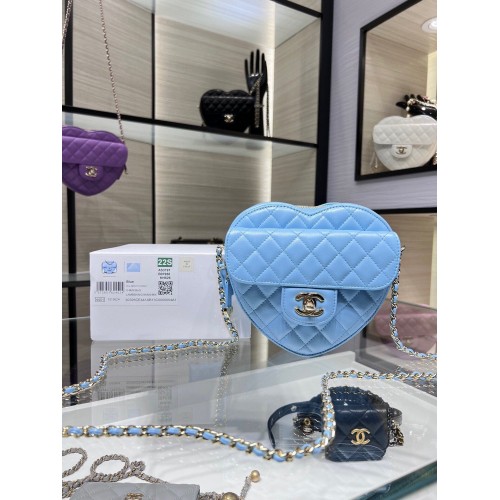 Chanel 2022S Love Heart Bolso bandolera con cadena de piel de cordero original AS3191Y Azul