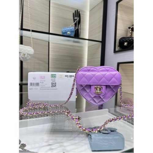 Chanel 2022S Love Heart mini bolso bandolera de piel de cordero con cadena AO2784 Púrpura