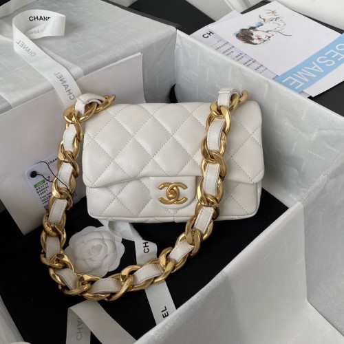 Chanel 2022SS Bolso pequeño con solapa Piel de cordero Metal dorado AS3214 Blanco