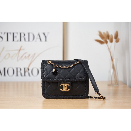 Chanel 22C New Woven Piping Square Bolso de cuero original AS2495 Negro