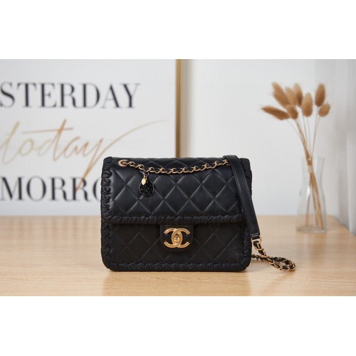 Chanel 22C New Woven Piping Square Bolso de cuero original AS2496 Negro