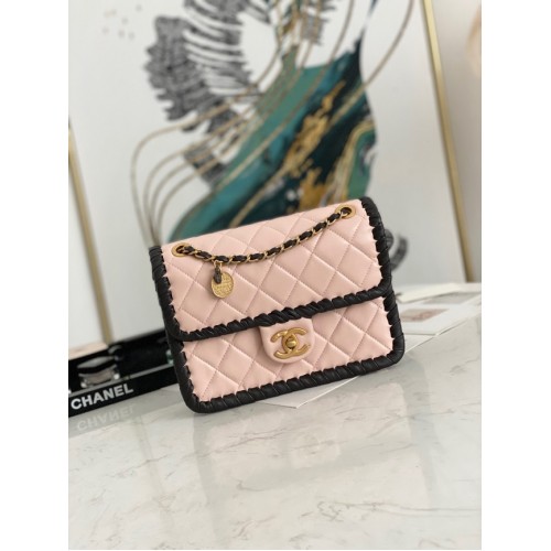 Chanel 22C New Woven Piping Square Bolso de cuero original AS6075 rosa