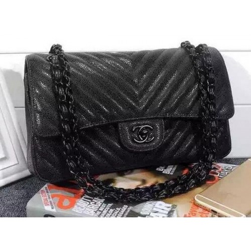 Chanel 2.55 Series Flap Bag Black Cannage Pattern Chevron Leather A1112V Negro