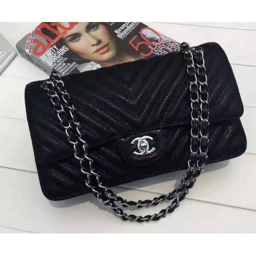 Chanel 2.55 Series Flap Bag Black Cannage Pattern Chevron Leather A1112V Plata