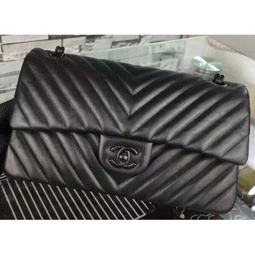 Chanel 2.55 Series Flap Bag Black Lambskin Chevron Leather A5023 Black