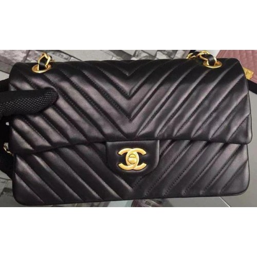 Chanel 2.55 Series Flap Bag Black Lambskin Chevron Leather A5023 Gold