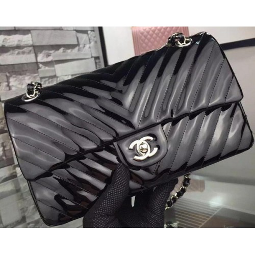 Chanel 2.55 Series Flap Bag Black Charol Chevron Leather A5023 Plata