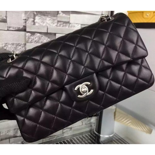 Chanel 2.55 Series Flap Bag Cuero de piel de oveja negro A06375 Plata