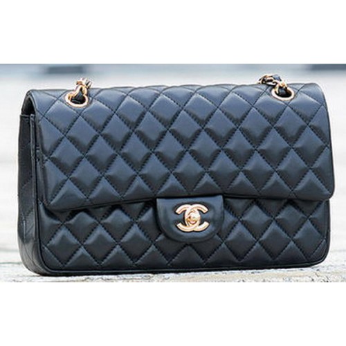 Chanel 2.55 Series Flap Bag Cuero de piel de oveja negro A1112 Oro