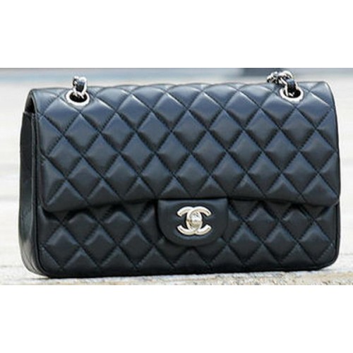 Chanel 2.55 Series Flap Bag Cuero de piel de oveja negro A1112 Plata