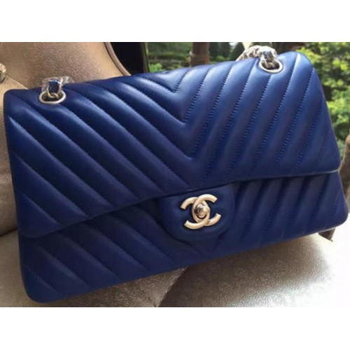 Chanel 2.55 Series Flap Bag Blue Lambskin Chevron Leather A01112 Plata