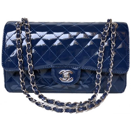 Chanel 2.55 Series Flap Bag Charol azul A1112 Plata