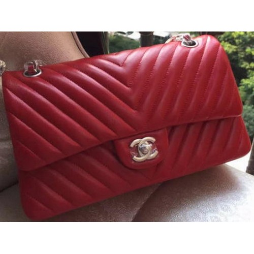 Chanel 2.55 Series Flap Bag Red Lambskin Chevron Leather A01112 Oro/Plata