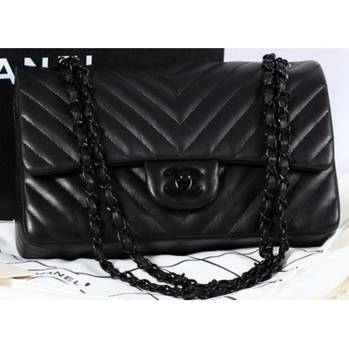 Chanel 2.55 Serie Bolso con solapa Piel de oveja Chevron Cuero A1112 Negro