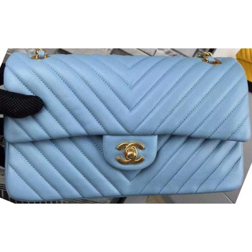 Chanel 2.55 Series Flap Bag SkyBlue Lambskin Chevron Leather A5023 Oro