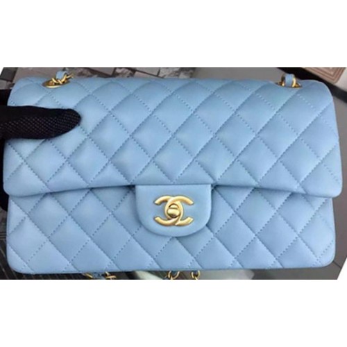 Chanel 2.55 Series Flap Bag Cuero de piel de oveja azul cielo A06375 Oro