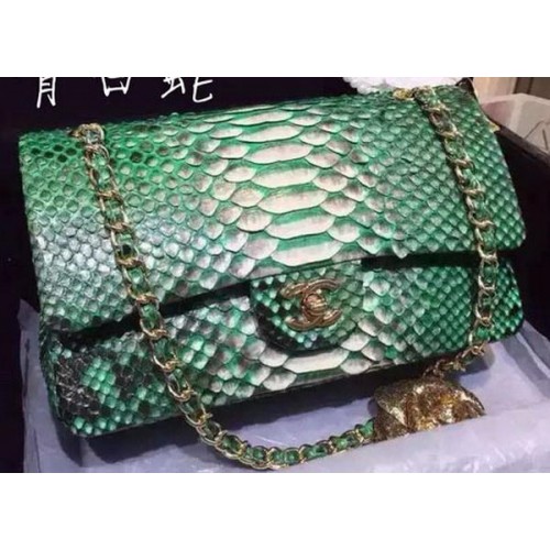 Chanel 2.55 Series Flap Bolsos Deep Green Original Python Leather A1112SA Oro